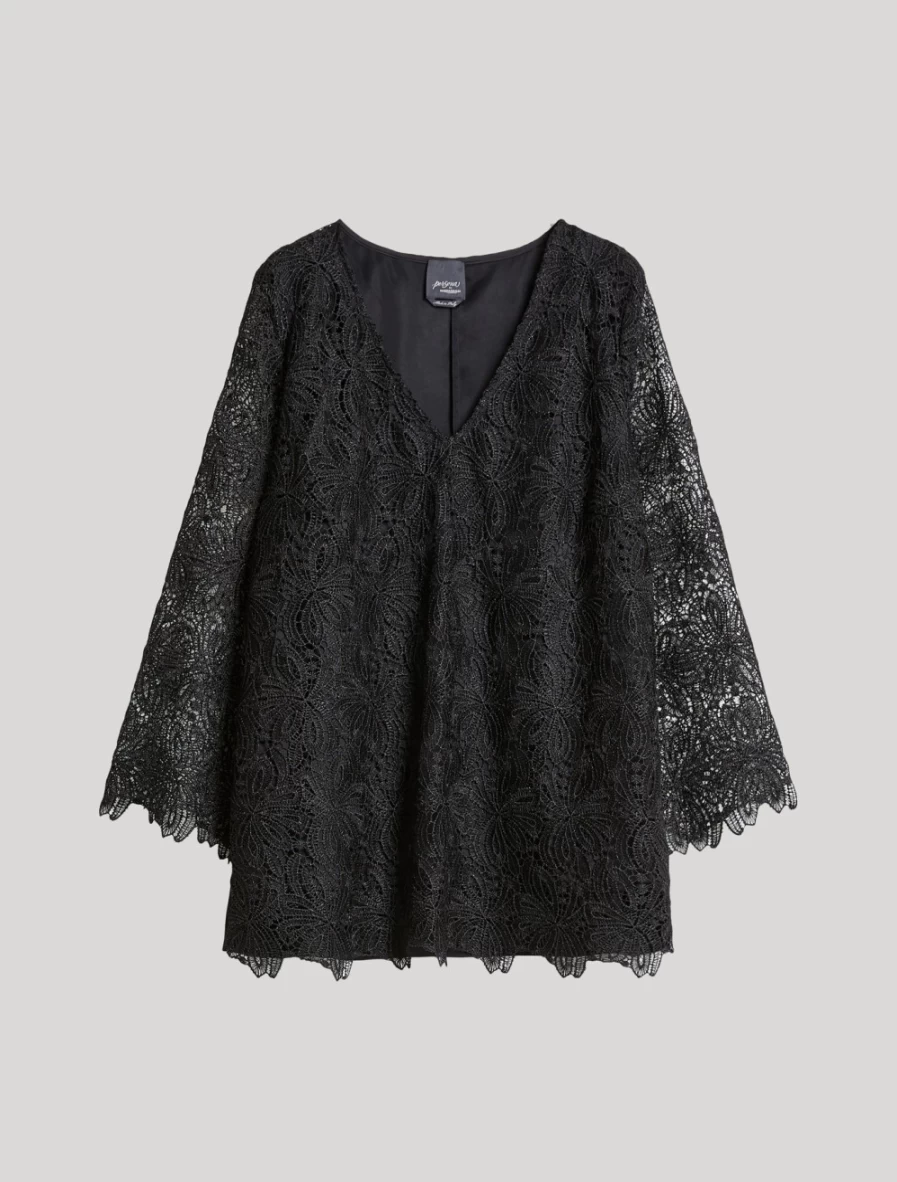Marina Rinaldi Women's Black Macramé Lace and Crepe Satin Blouse
