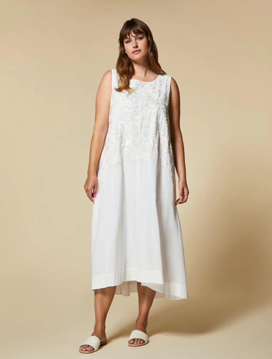 Marina Rinaldi Women's White Embroidered Voile Dress - Elegant Floral Summer Dress