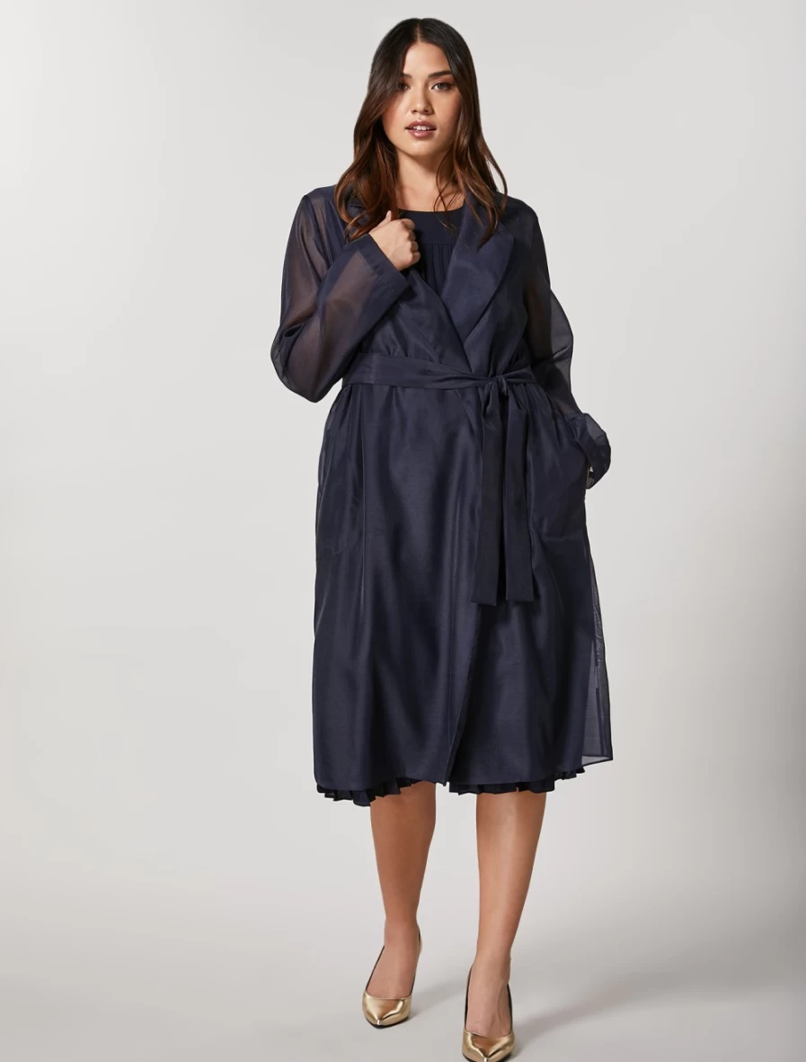 Marina Rinaldi Women's Dark Navy Organza Duster Coat | Elegant Long Layering Jacket