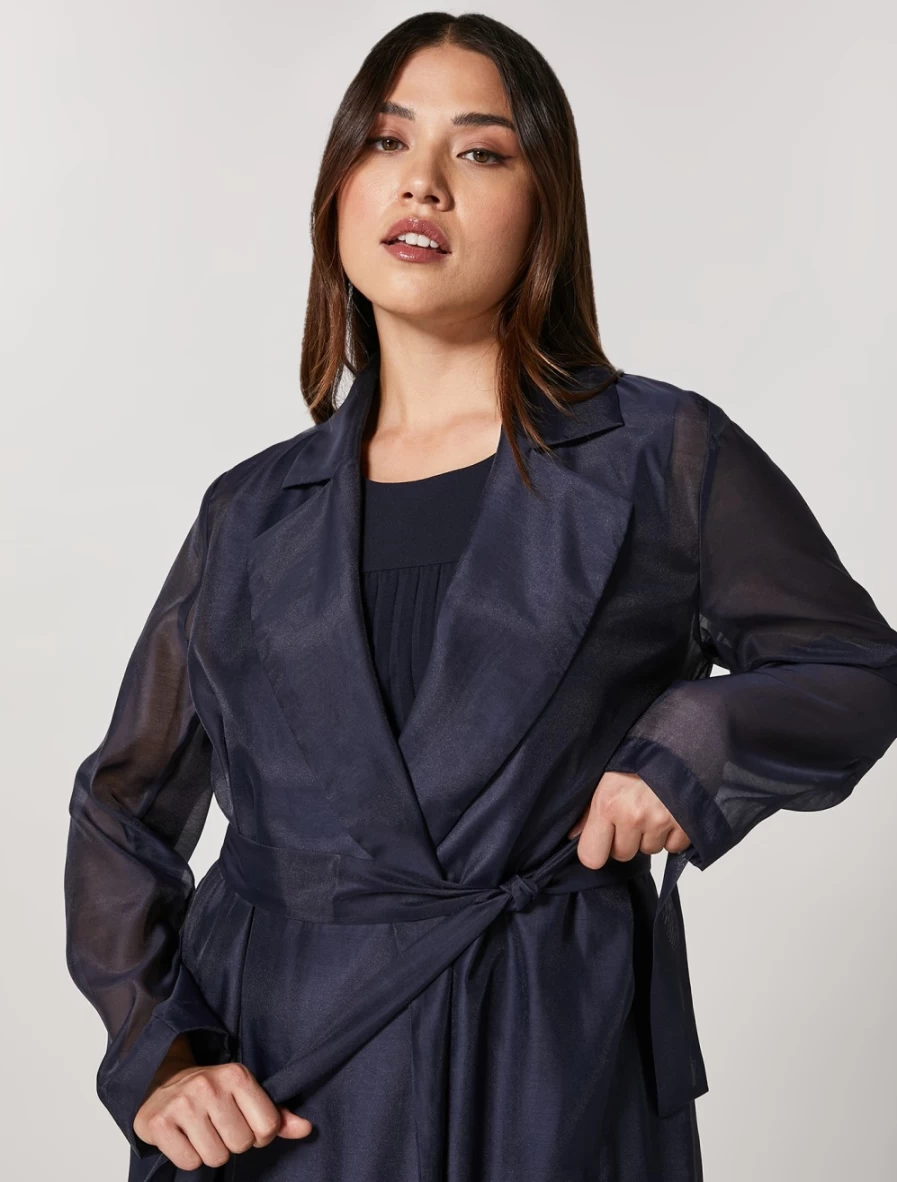 Marina Rinaldi Women's Dark Navy Organza Duster Coat | Elegant Long Layering Jacket