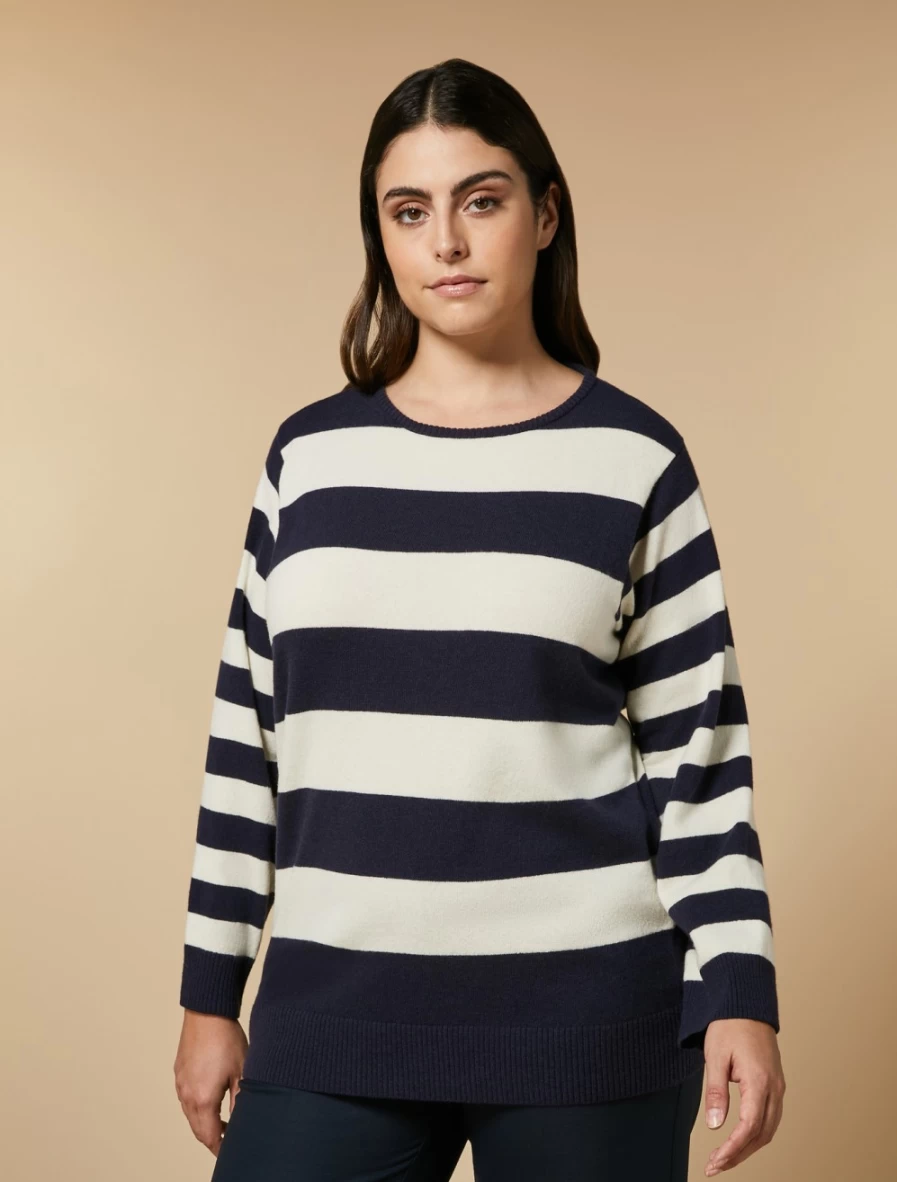 "Marina Rinaldi Women's Dark Navy Striped Wool Cashmere Sweater"
