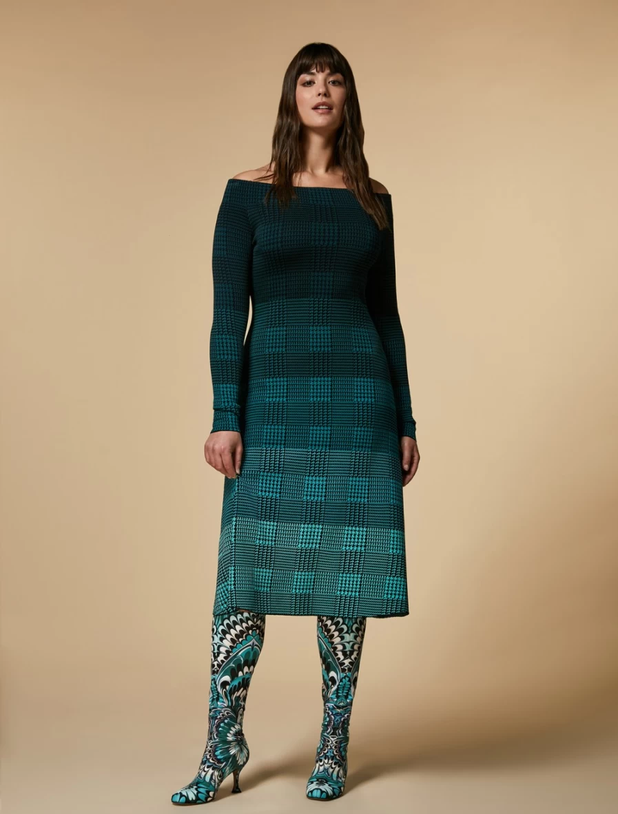 Marina Rinaldi Women's Dark Green Prince Of Wales Check Knit Dress