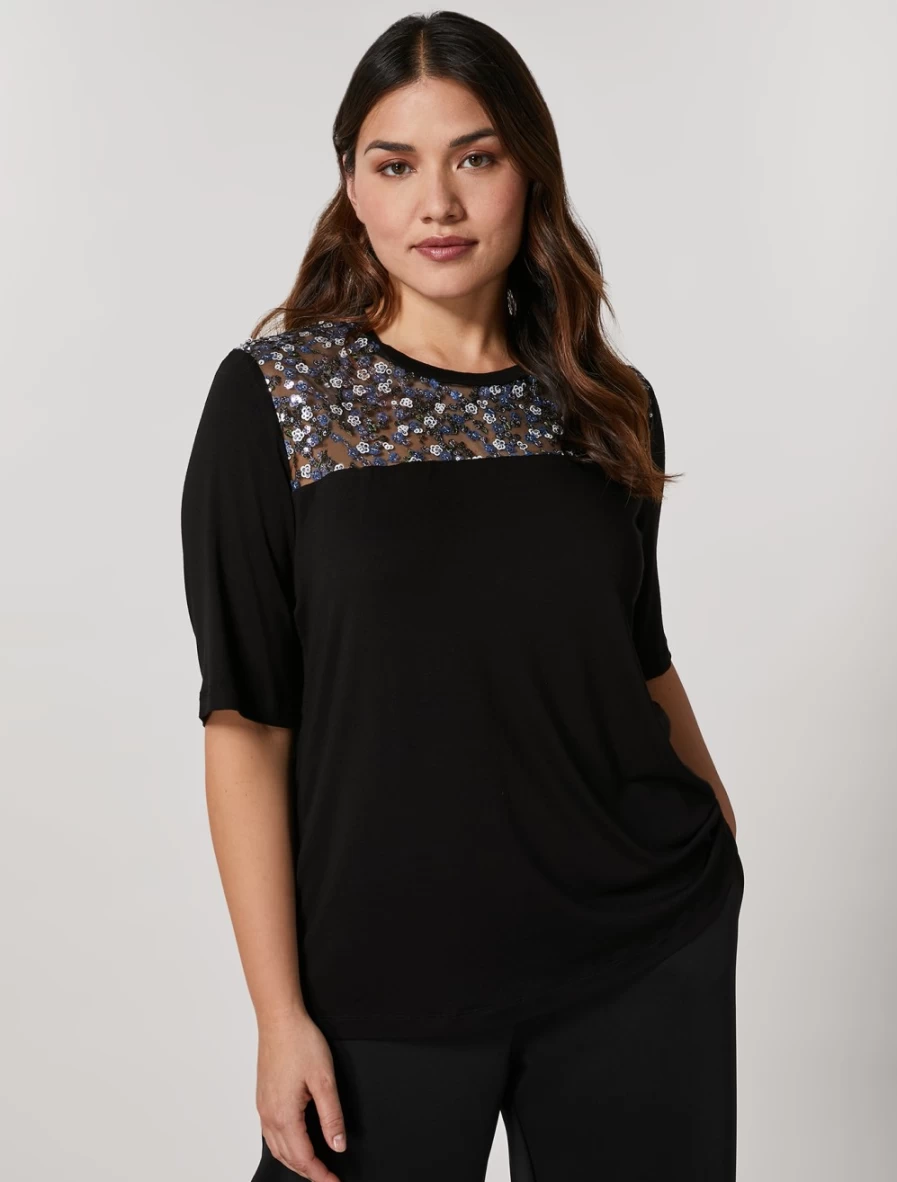 Marina Rinaldi Women's Black Viscose Jersey & Tulle T-Shirt