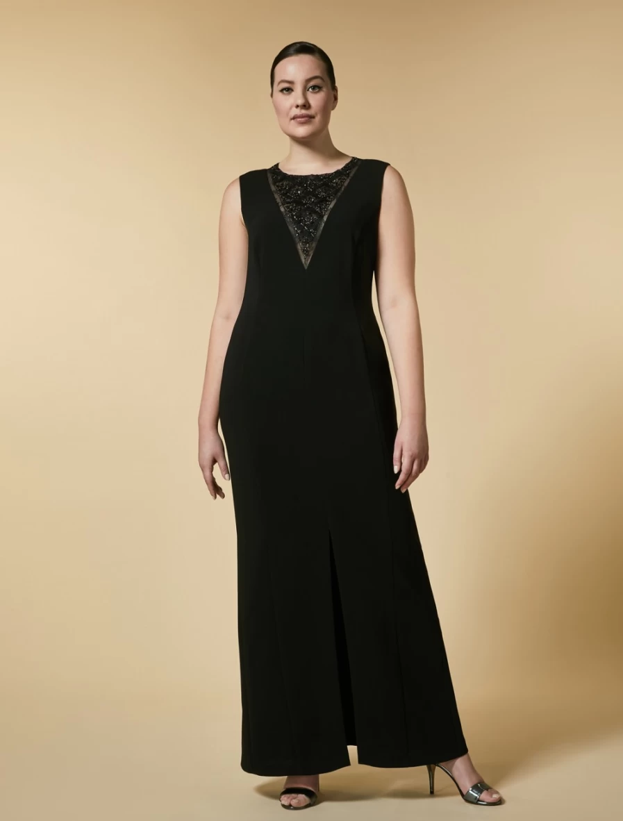 Marina Rinaldi Women's Black Triacetate Dress with Elegant Inlay Design