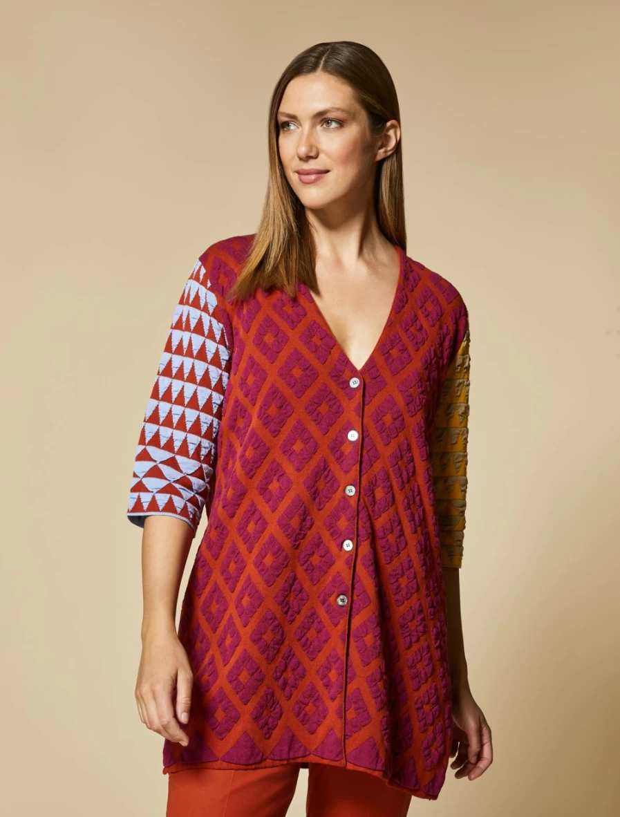 "Marina Rinaldi Women's Rust Jacquard Crêpe Cardigan – Elegant Knit Sweater"
