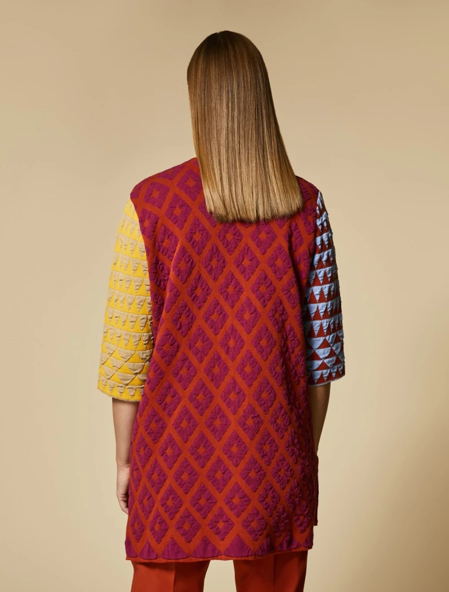 "Marina Rinaldi Women's Rust Jacquard Crêpe Cardigan – Elegant Knit Sweater"