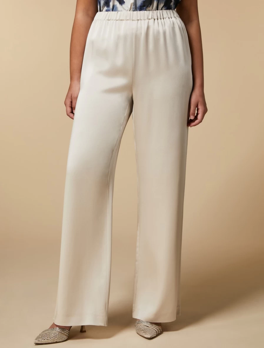 Marina Rinaldi Women's Beige Shiny Fabric Trousers | Elegant High-Waisted Pants