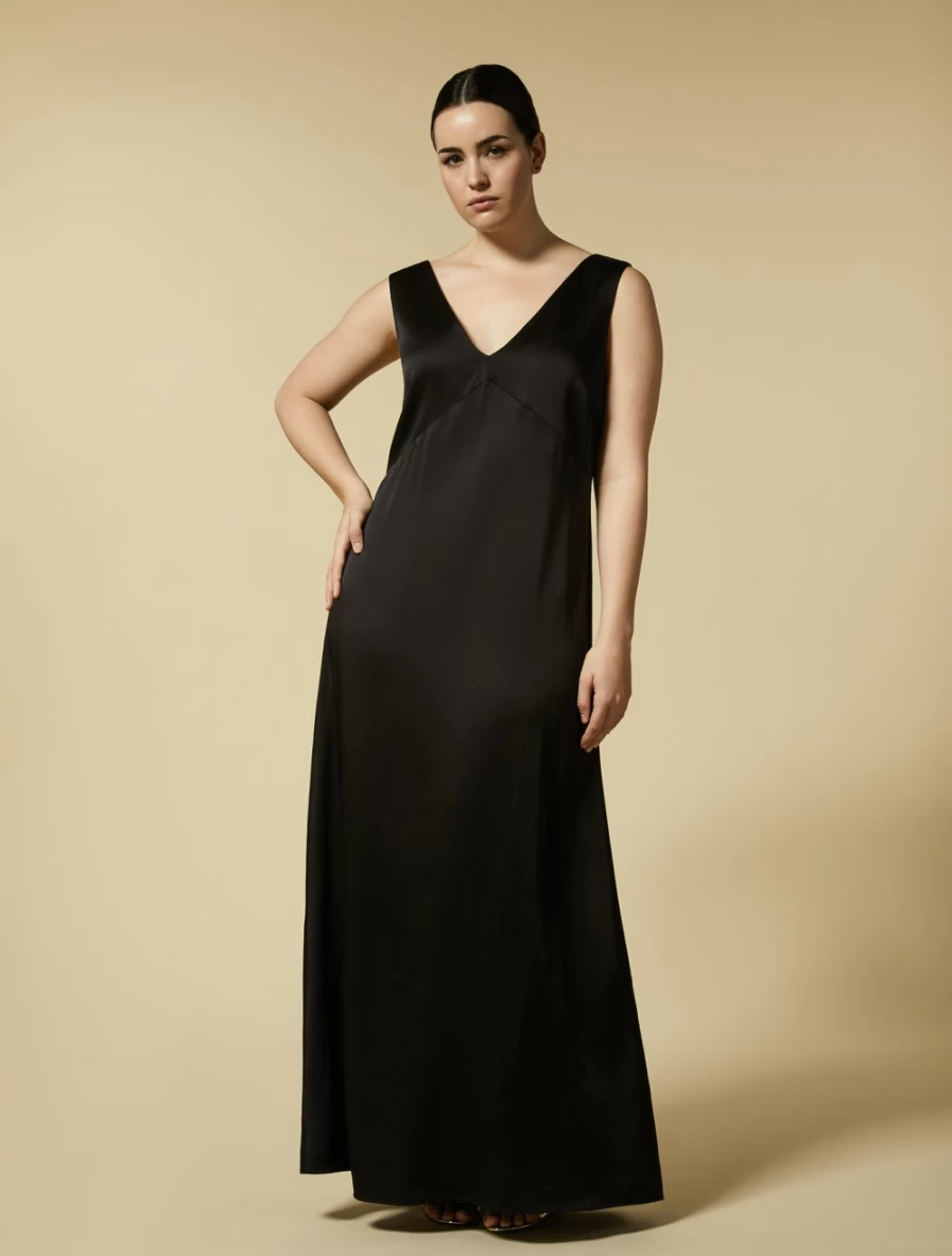 Marina Rinaldi Women's Black Reverse Satin Dress - Elegant Evening Gown