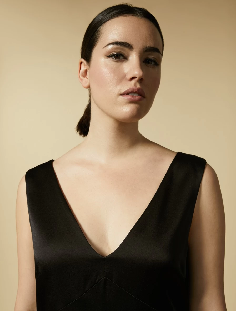Marina Rinaldi Women's Black Reverse Satin Dress - Elegant Evening Gown