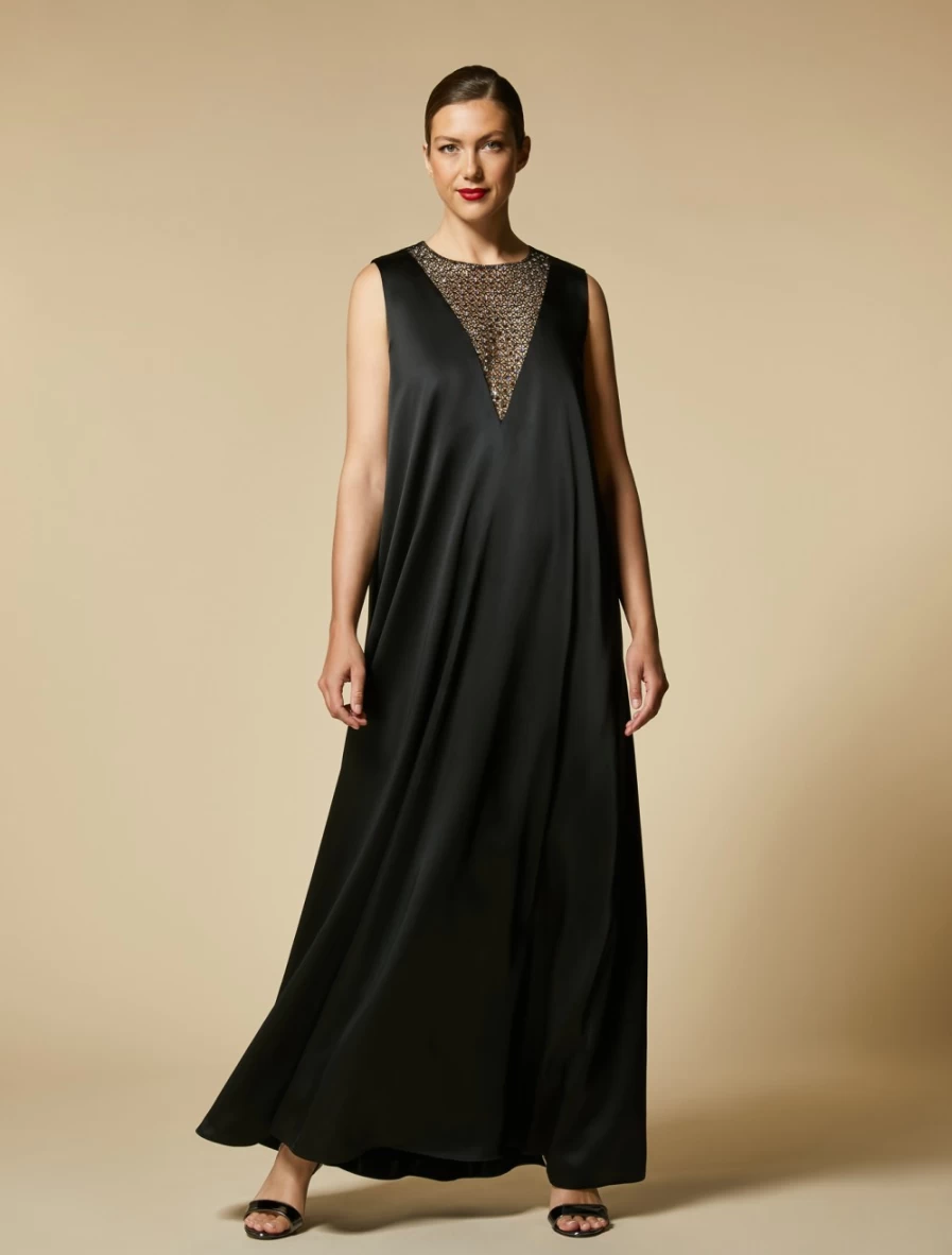 Marina Rinaldi Women's Black Satin Dress with Rhinestone Embellishments