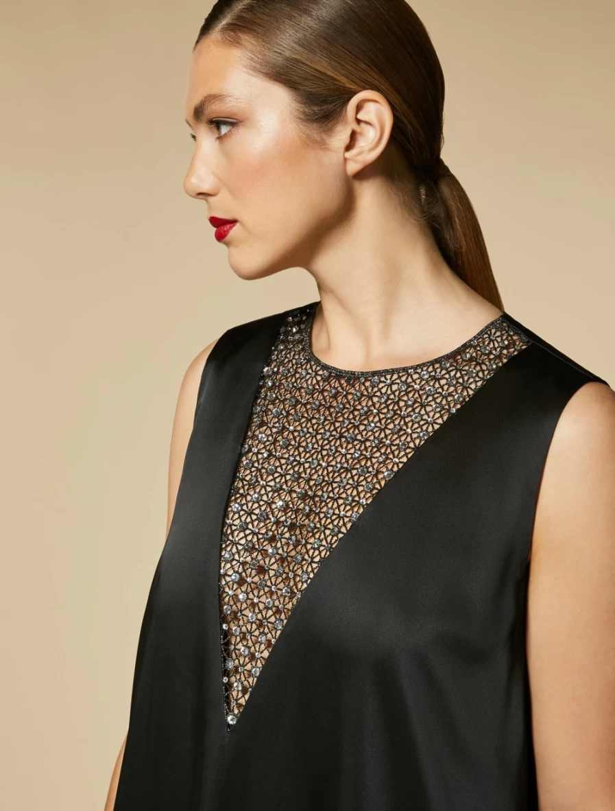 Marina Rinaldi Women's Black Satin Dress with Rhinestone Embellishments