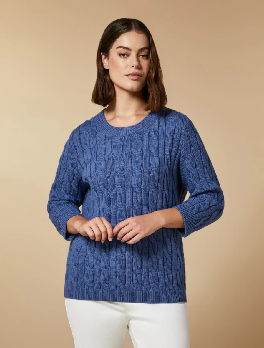 "Marina Rinaldi Women's Ski Blue Cable-Knit Wool Sweater"