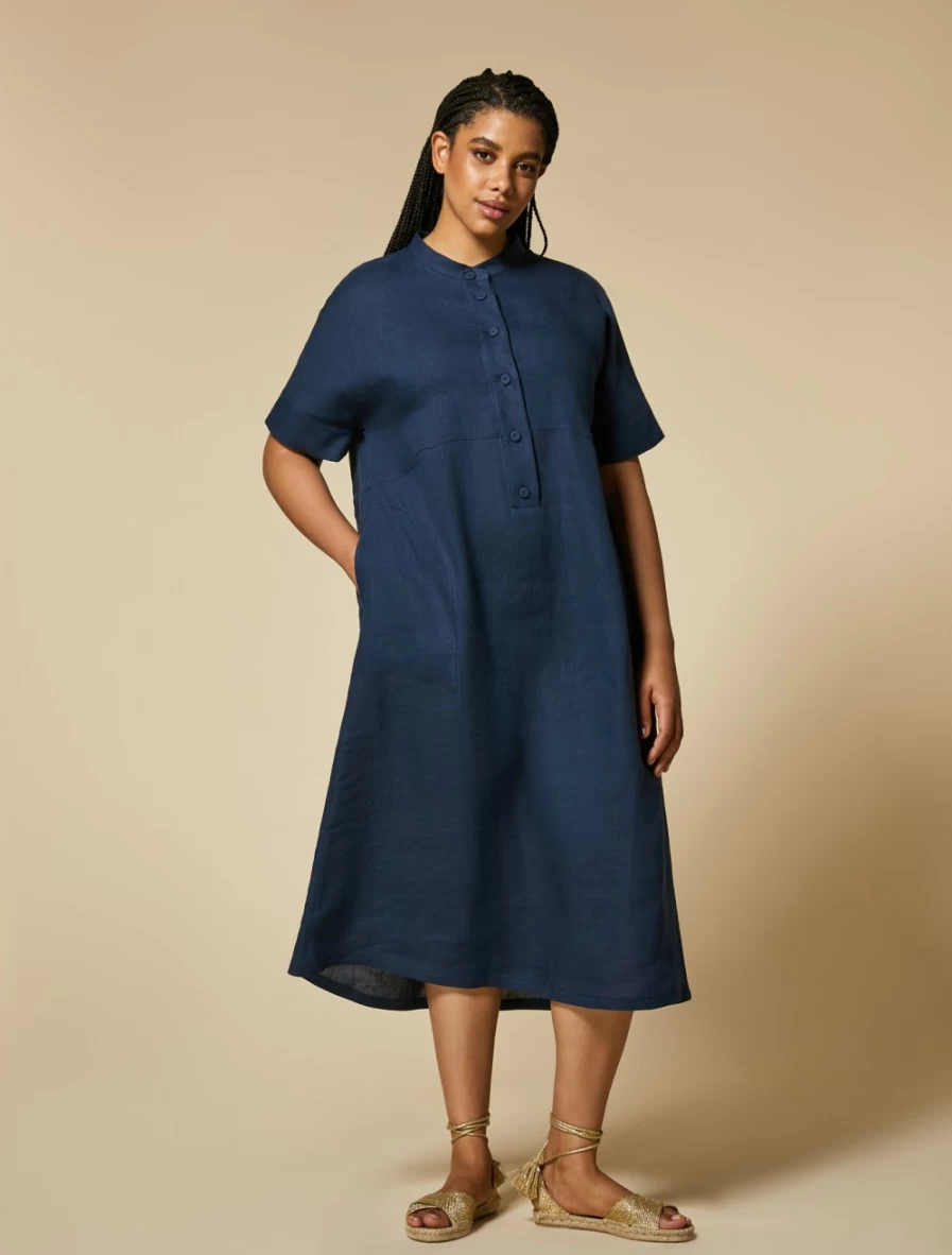 "Marina Rinaldi Women's Dark Navy Linen Dress – Elegant & Comfortable Summer Wear"