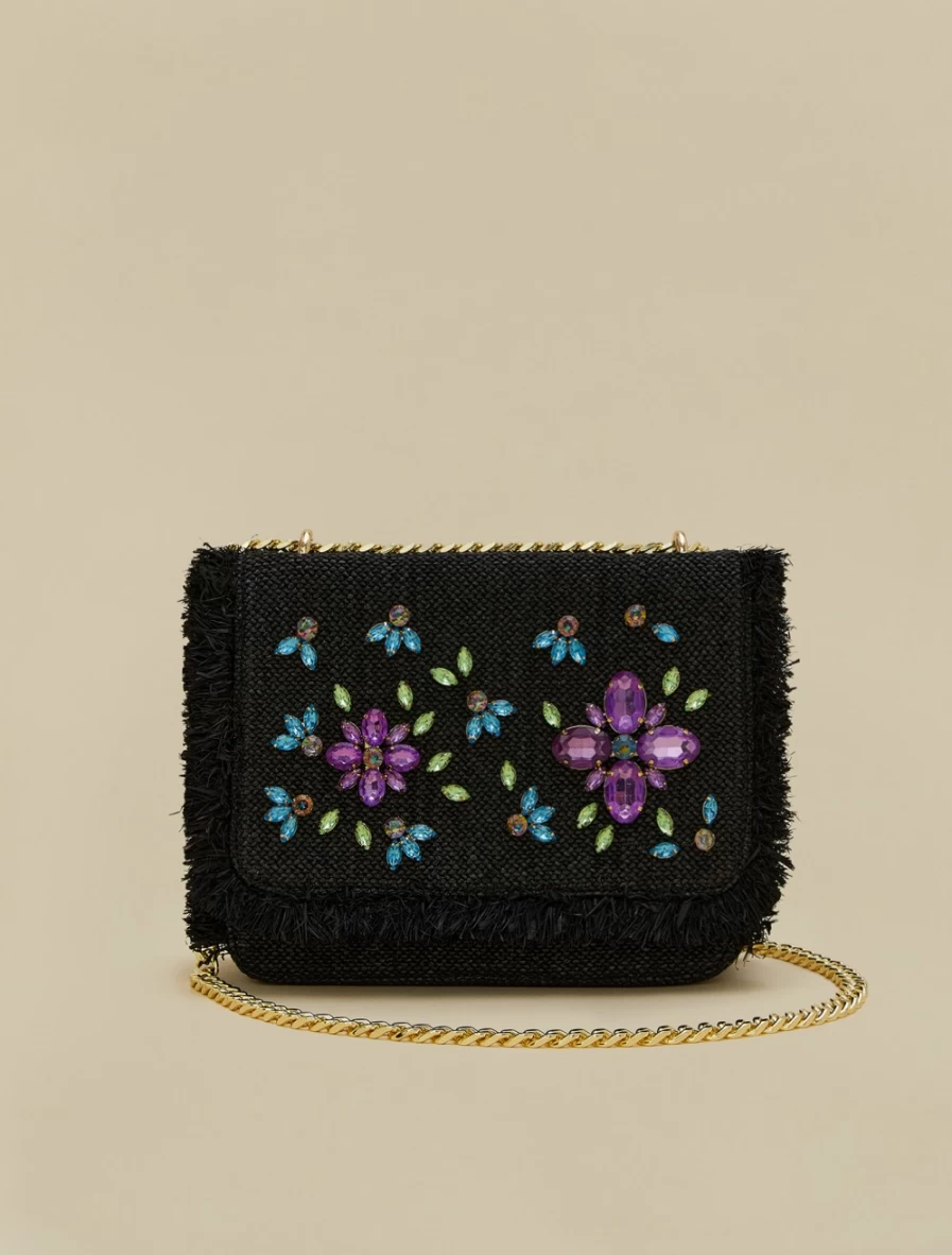 Marina Rinaldi Women's Black Embroidered Raffia Handbag