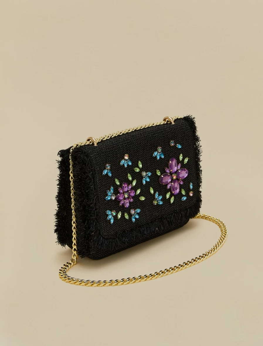 Marina Rinaldi Women's Black Embroidered Raffia Handbag