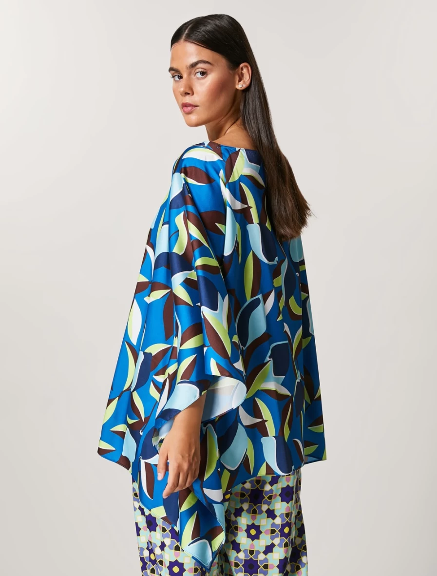 "Marina Rinaldi Women's China Blue Printed Twill Poncho – Elegant Beach Cover-Up"