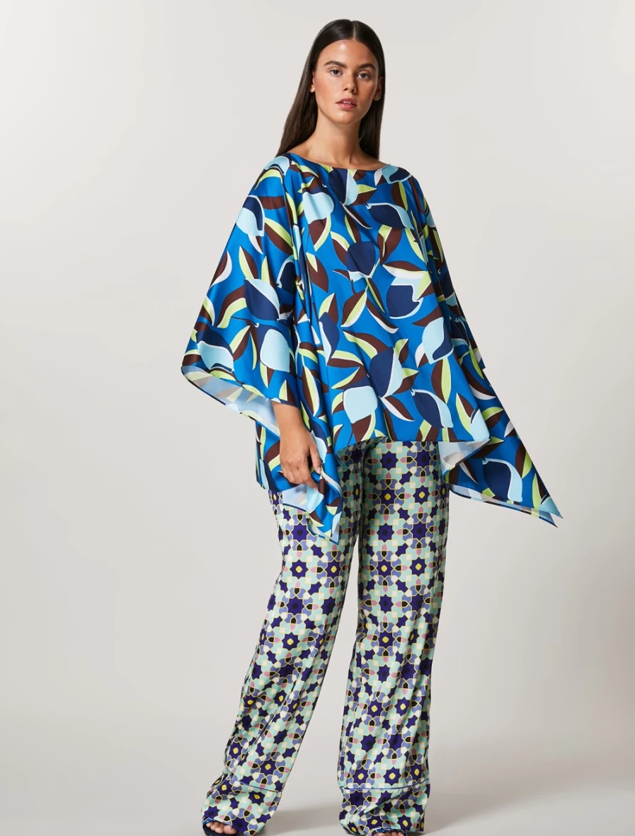 "Marina Rinaldi Women's China Blue Printed Twill Poncho – Elegant Beach Cover-Up"