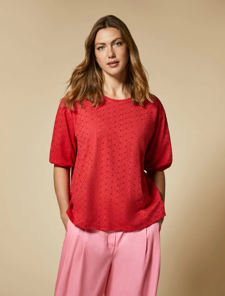 "Marina Rinaldi Women's Red Embroidered Jersey T-Shirt | Stylish Casual Top"