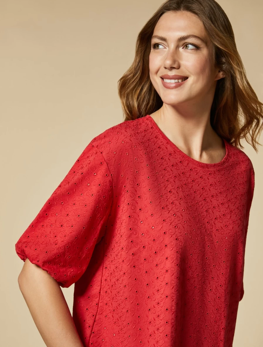 "Marina Rinaldi Women's Red Embroidered Jersey T-Shirt | Stylish Casual Top"