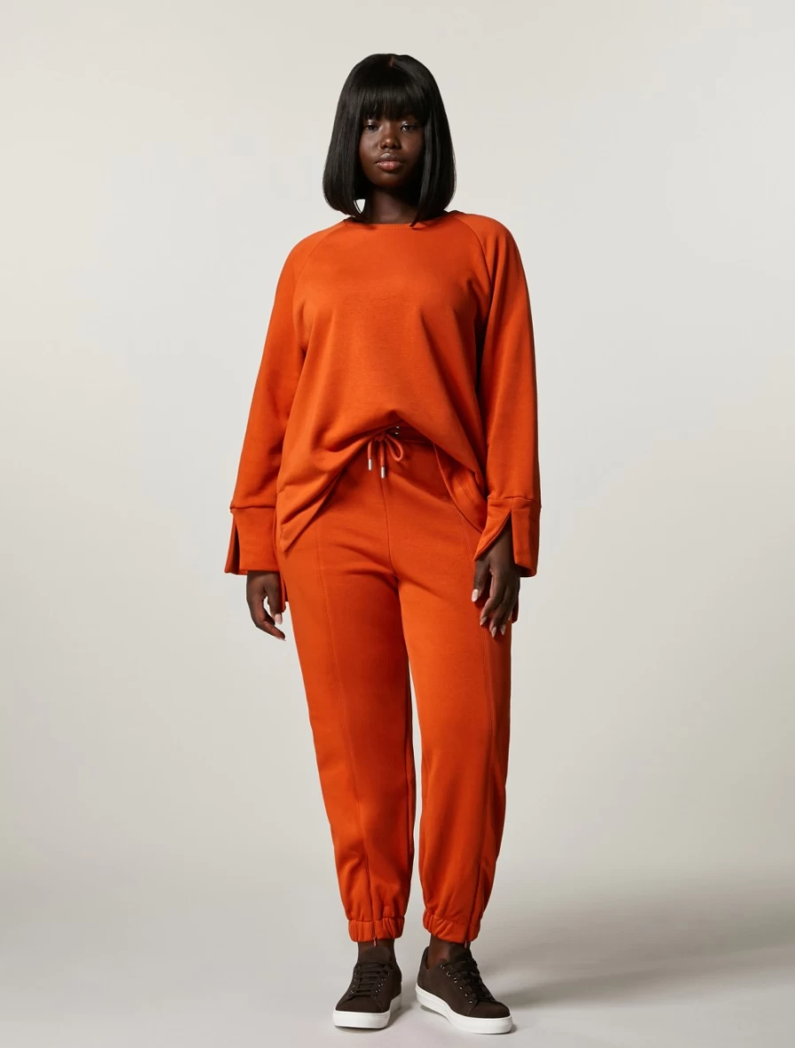 "Marina Rinaldi Women's Rust Stretch Cotton Fleece Trousers | Comfortable & Warm"