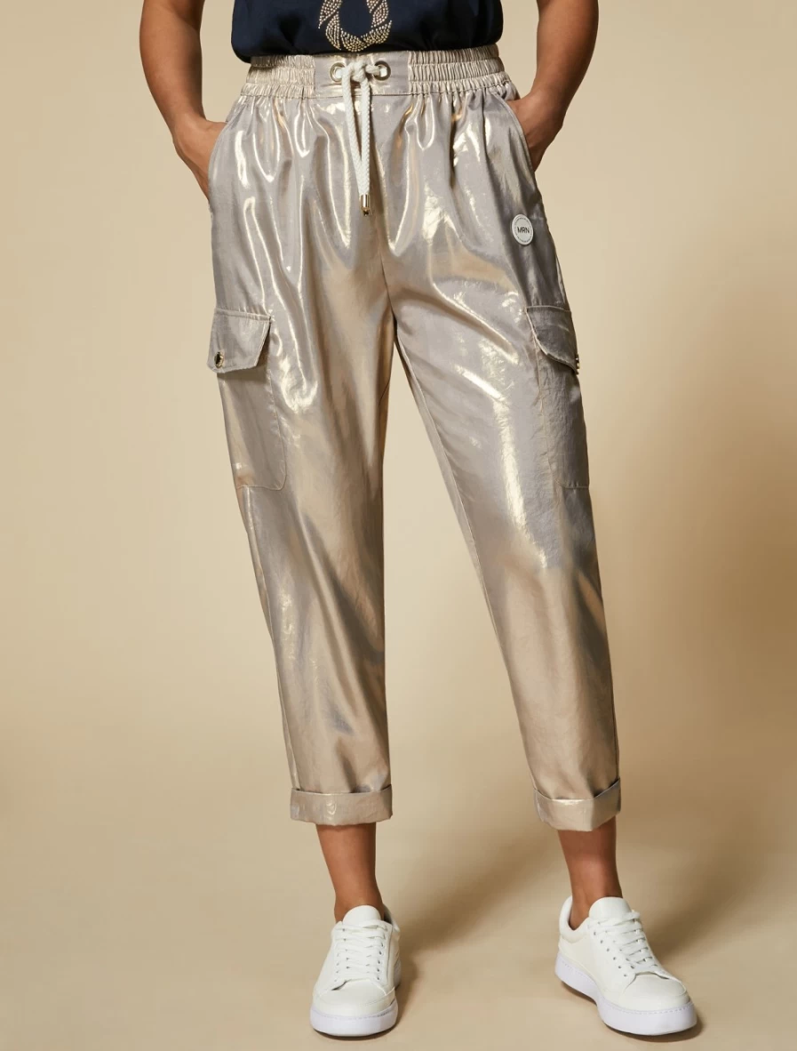 Marina Rinaldi Women's Gold Twill Trousers with Metallic Finish - Elegant High Shine Pants