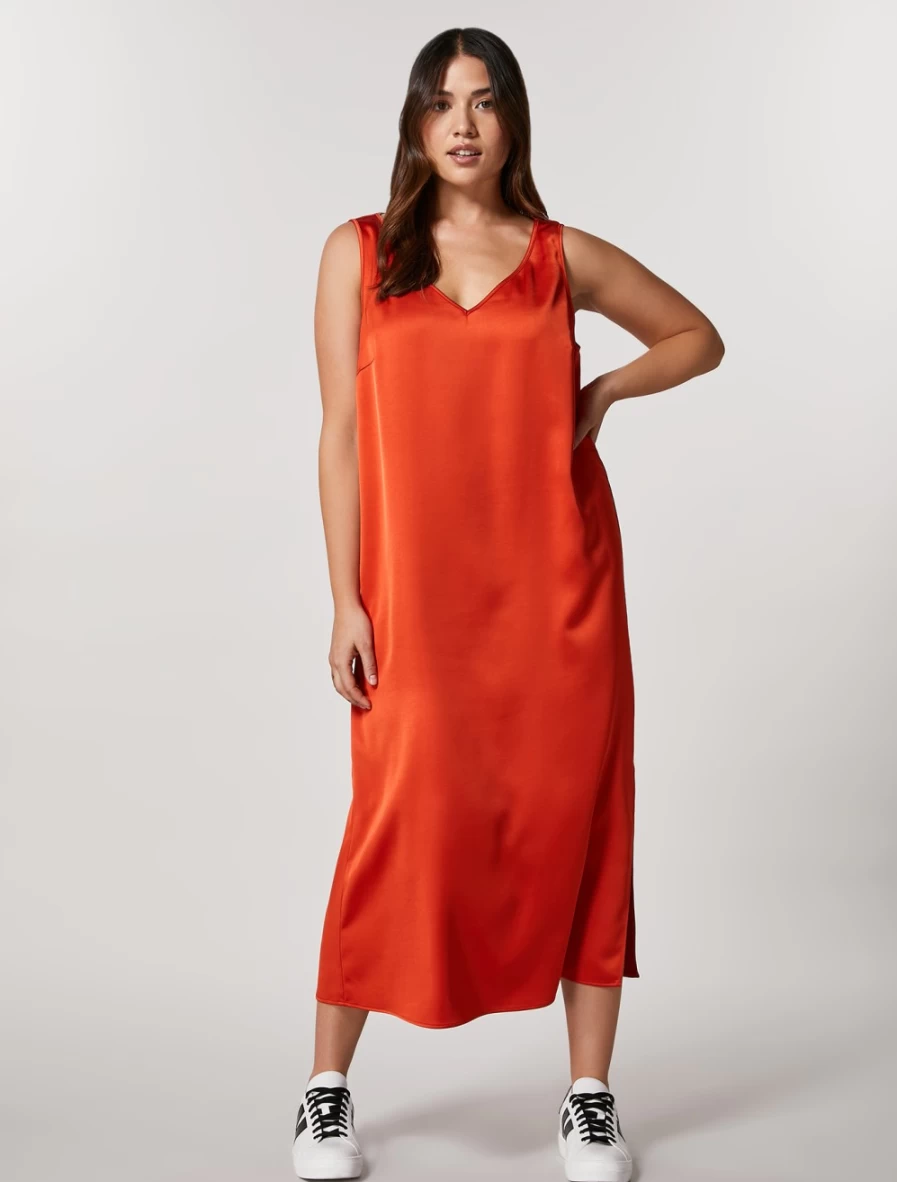 "Marina Rinaldi Women's Orange Satin Dress – Elegant & Stylish Evening Gown"