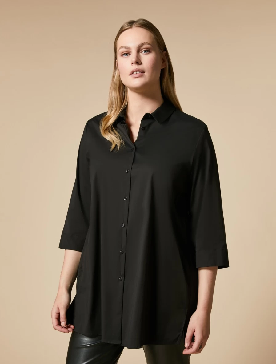 "Marina Rinaldi Women's Black Stretch Poplin Shirt – Comfortable & Stylish"