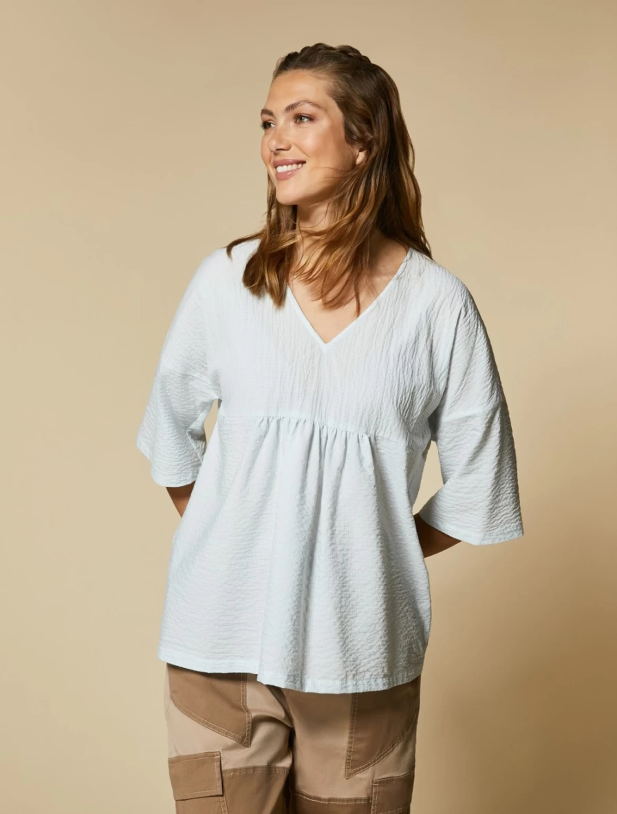 Marina Rinaldi Women's White Seersucker Cotton-Blend Shirt - Breathable Summer Top
