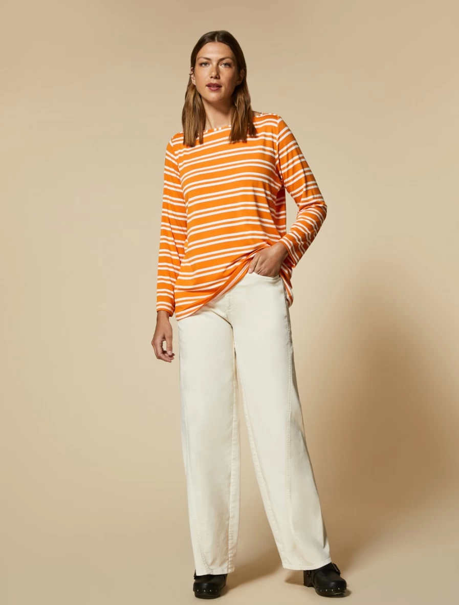 Marina Rinaldi Women's White Wide-Leg Trousers in Marble-Effect Bull Denim