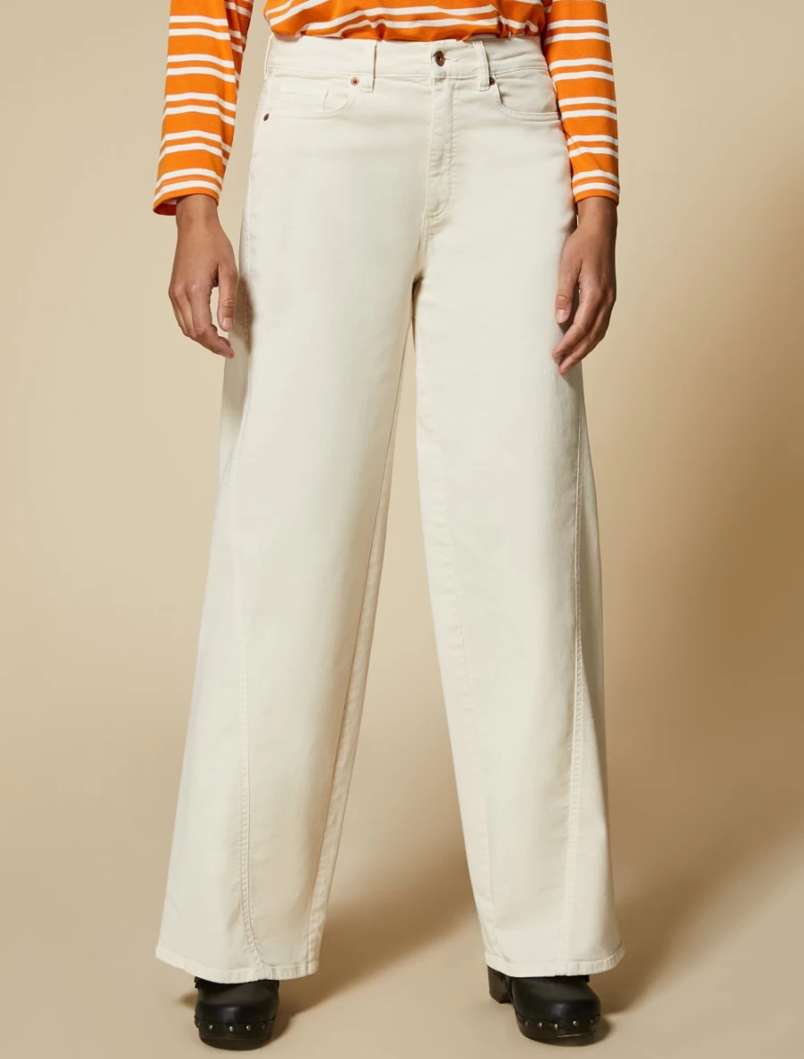 Marina Rinaldi Women's White Wide-Leg Trousers in Marble-Effect Bull Denim