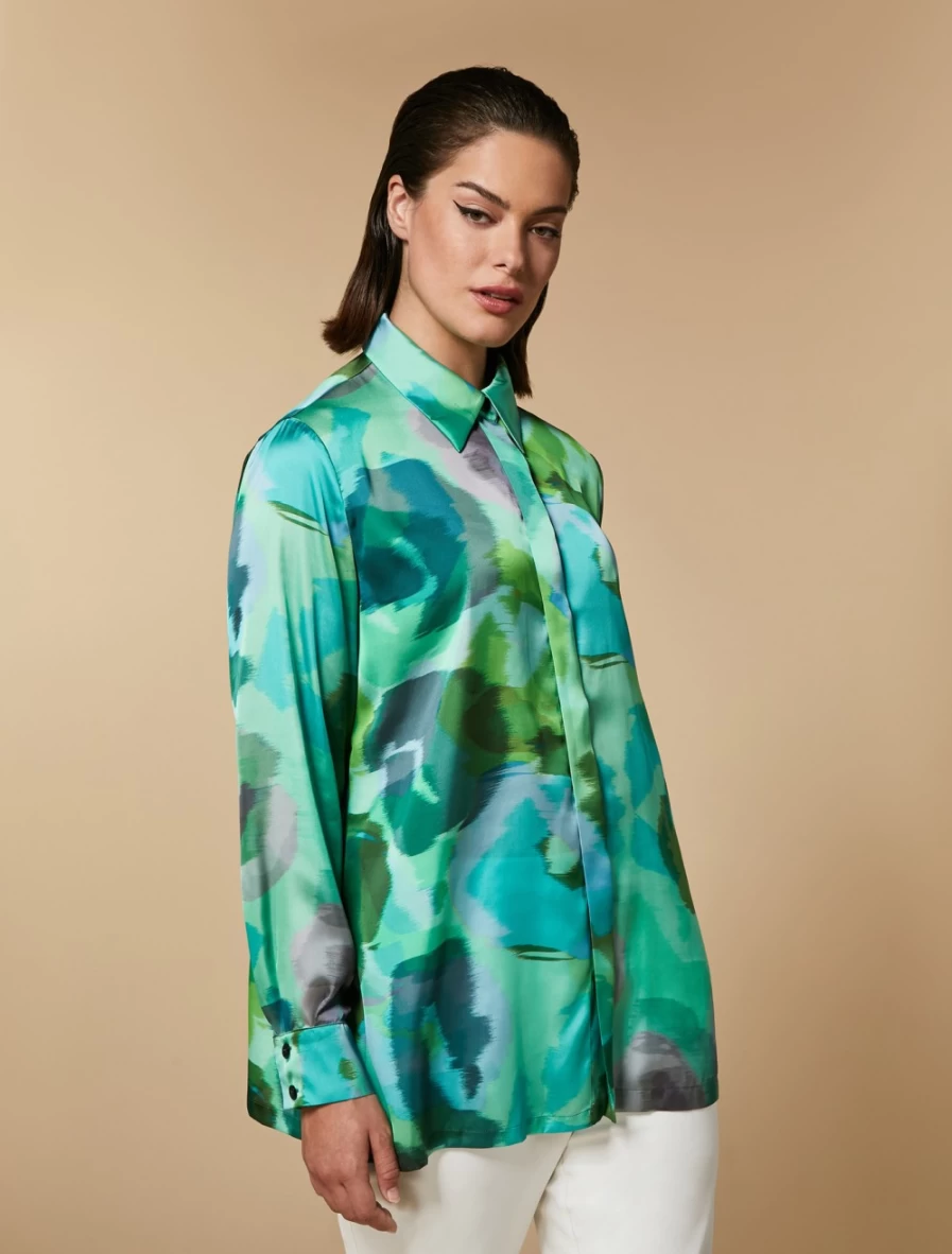 Marina Rinaldi Women's Green Printed Satin Shirt - Elegant Feminine Blouse