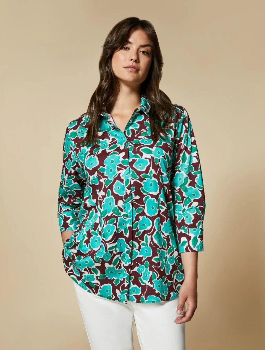 "Marina Rinaldi Women's Bordeaux Printed Poplin Shirt – Elegant Fashion Blouse"