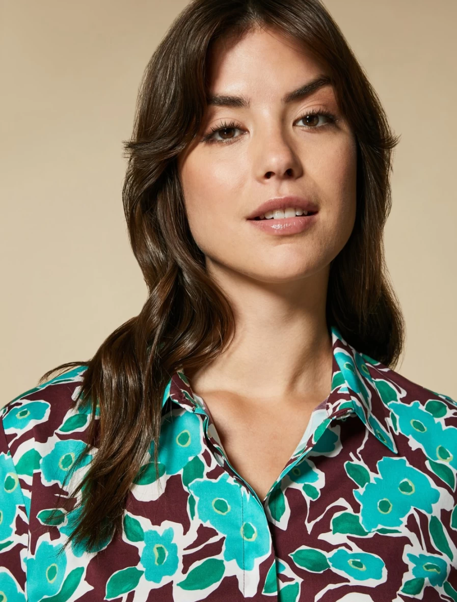 "Marina Rinaldi Women's Bordeaux Printed Poplin Shirt – Elegant Fashion Blouse"