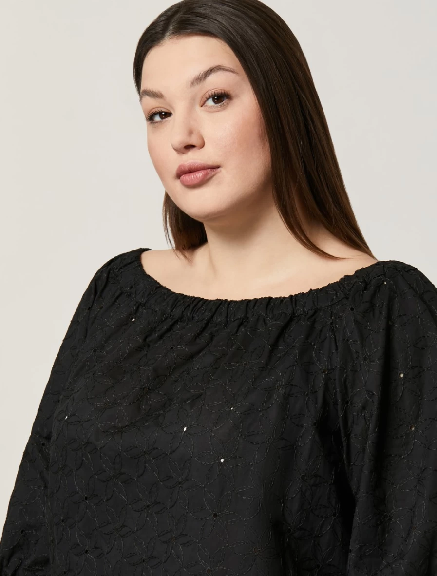 Marina Rinaldi Women's Black Broderie Anglaise Cotton Tunic Top