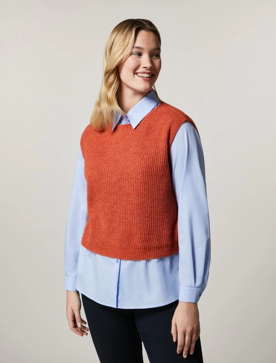 "Marina Rinaldi Women's Rust Knitted Mini Gilet - Elegant Cotton Vest"