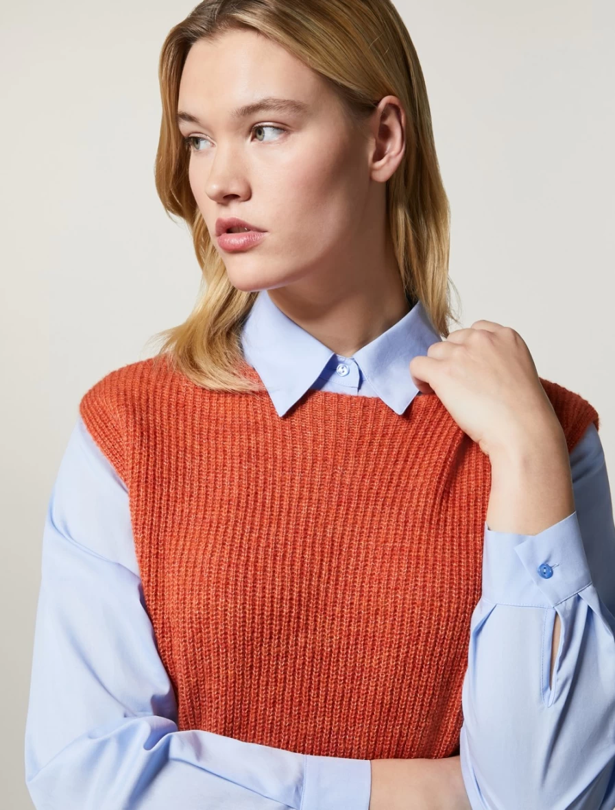 "Marina Rinaldi Women's Rust Knitted Mini Gilet - Elegant Cotton Vest"