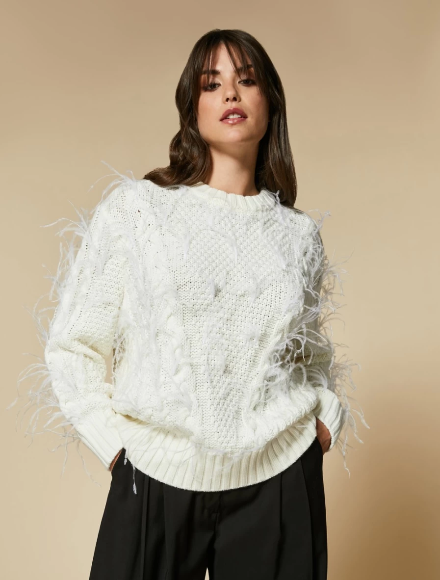 Marina Rinaldi Women's White Wool-Blend Sweater with Feather Details