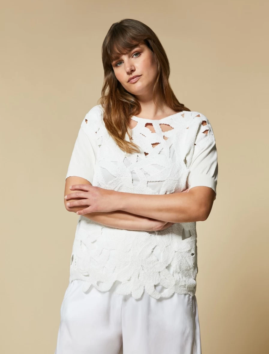 Marina Rinaldi Women's White Embroidered Cotton Sweater - Elegant Knit Top