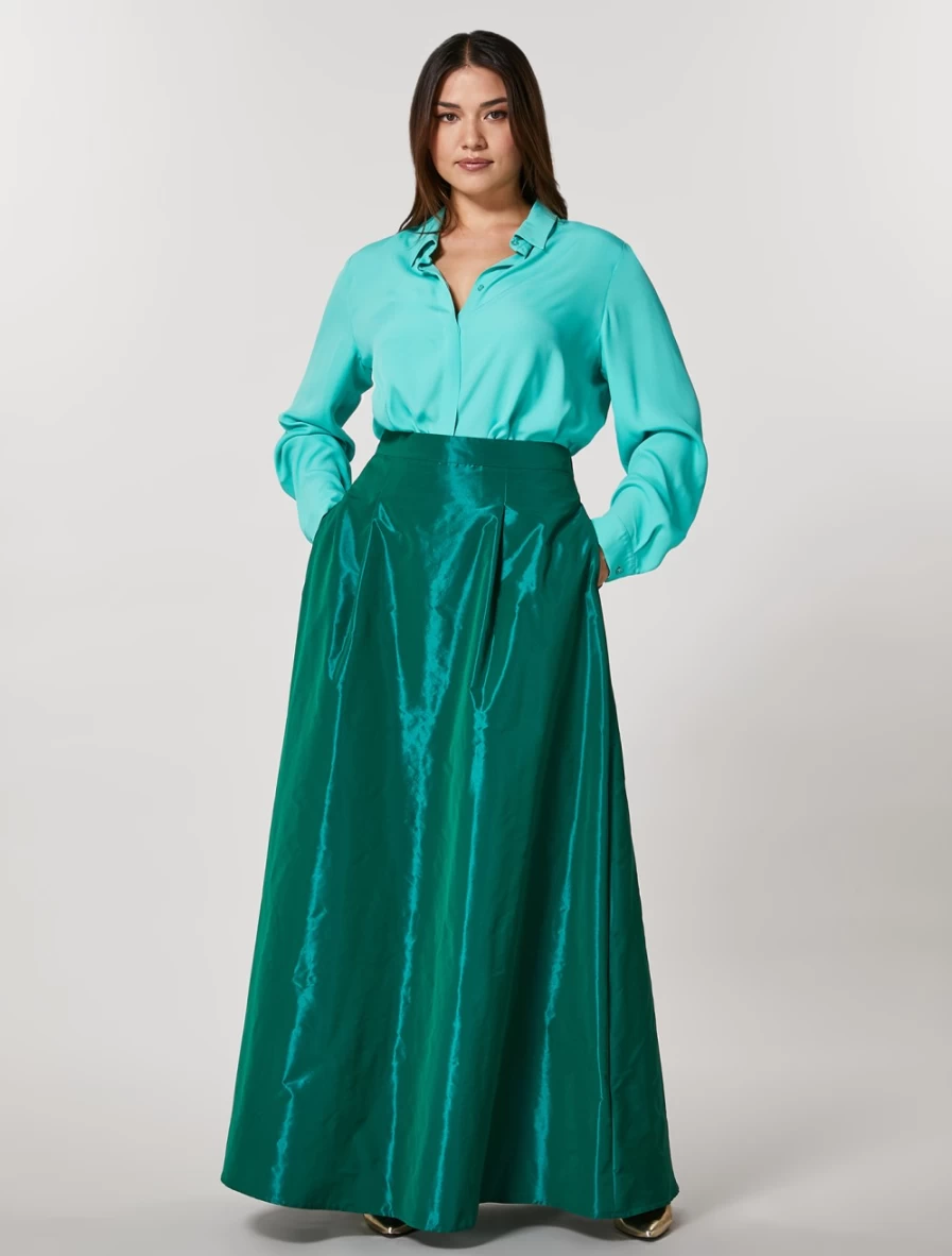 Marina Rinaldi Women's Dark Green Taffeta Skirt - Elegant A-Line Midi Skirt for Women