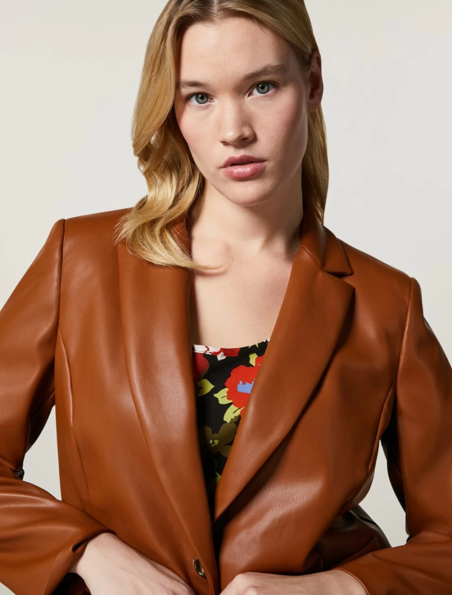 "Marina Rinaldi Women's Rust-Colored Leather-Look Fabric Blazer"