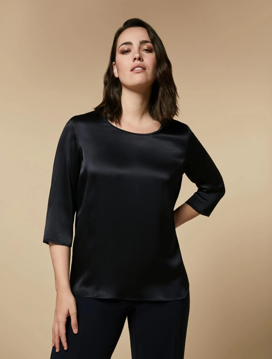 "Marina Rinaldi Women's Dark Navy Lightweight Satin Blouse – Elegant Long Sleeve Top"
