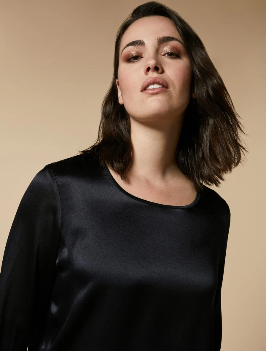 "Marina Rinaldi Women's Dark Navy Lightweight Satin Blouse – Elegant Long Sleeve Top"