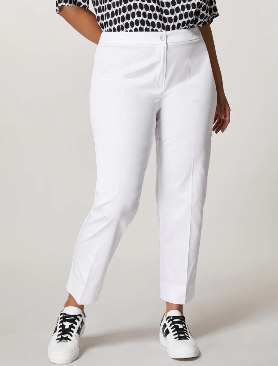 "Marina Rinaldi Women's White Stretch Cotton Satin Trousers | Comfortable & Elegant Pants"