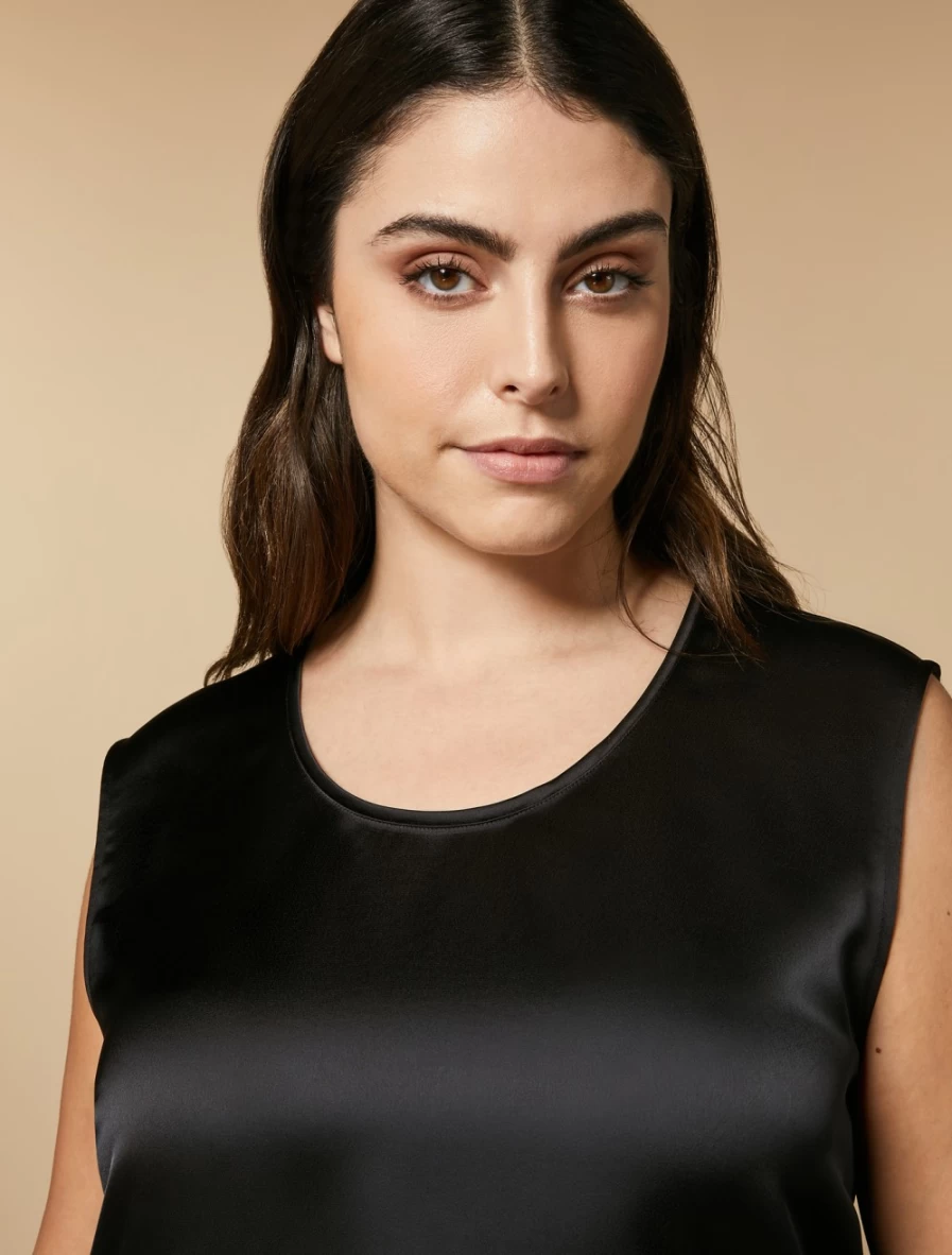"Marina Rinaldi Women's Black Satin Tunic Top – Elegant Long Blouse"