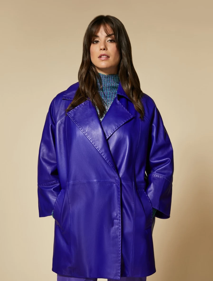 Marina Rinaldi Women's Purple Nappa Leather Duster Coat | Premium Long Trench Coat