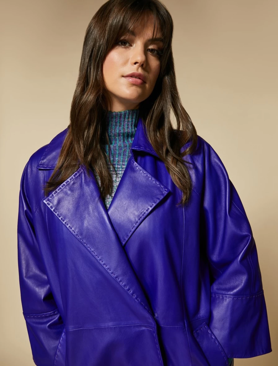Marina Rinaldi Women's Purple Nappa Leather Duster Coat | Premium Long Trench Coat