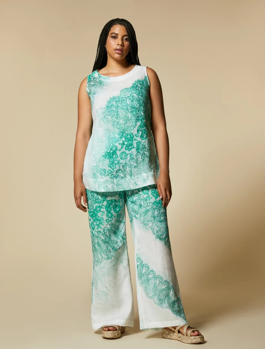 Marina Rinaldi Women's Dark Green Printed Linen Trousers