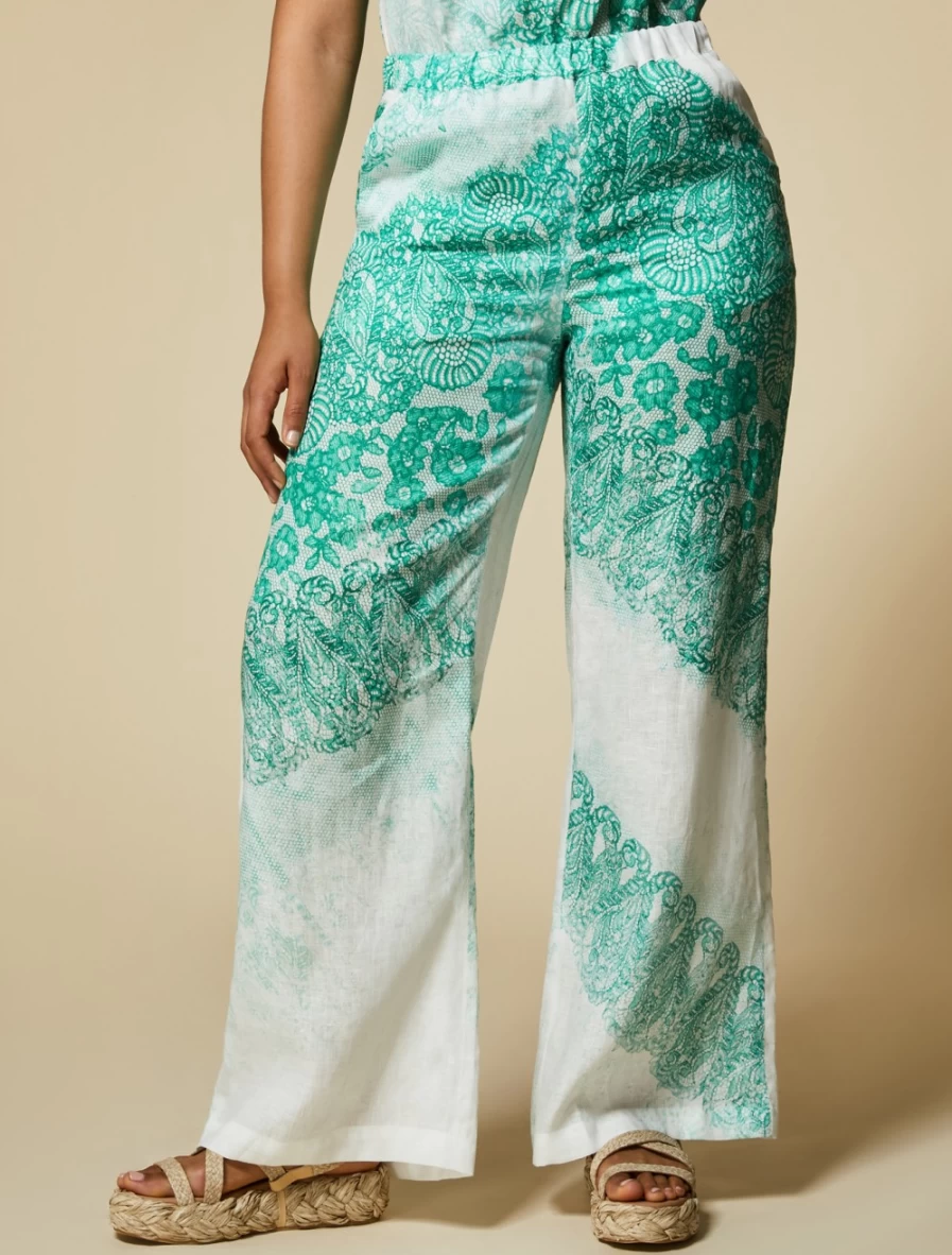 Marina Rinaldi Women's Dark Green Printed Linen Trousers