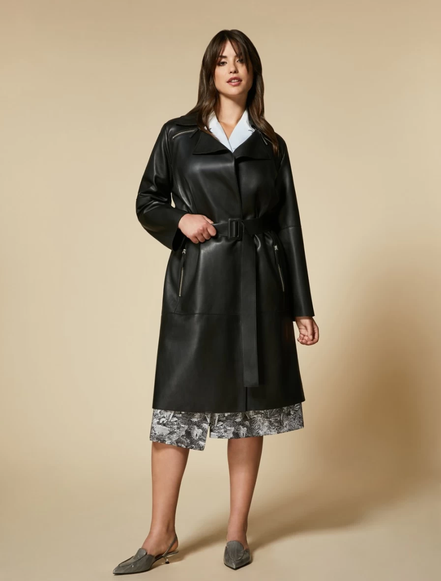 Marina Rinaldi Women's Black Nappa Leather & Jersey Long Duster Coat