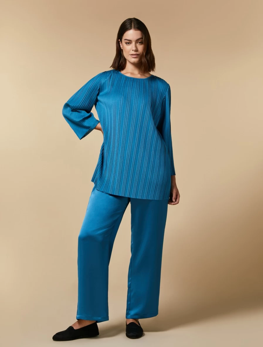 "Marina Rinaldi Women's Turquoise Satin Trousers – Elegant High-Waisted Palazzo Pants"